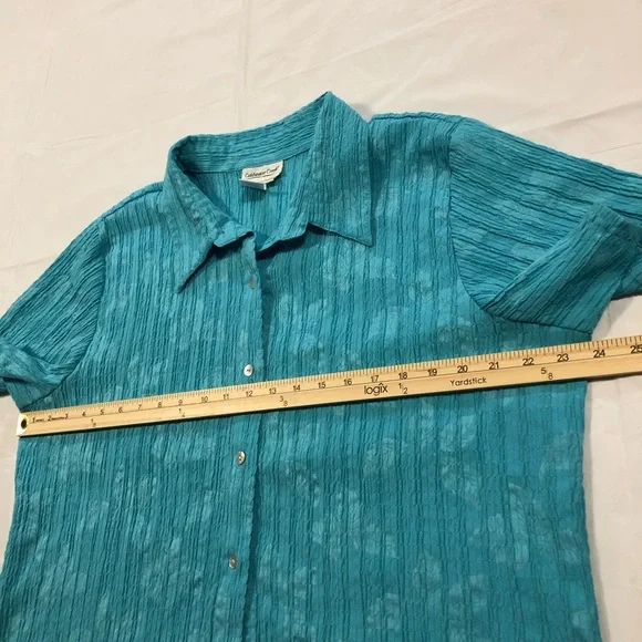Coldwater Creek Women’s Short Sleeve Collared Crinkled Turquoise Top size XL - Picture 3 of 9
